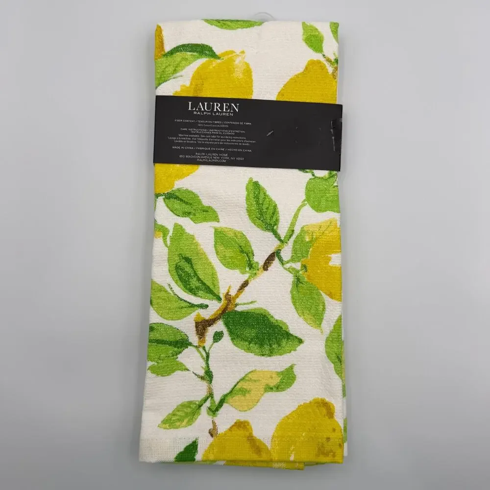 Lauren Ralph Lauren Kitchen Towels White Yellow Lemons Set of 2 Cotton 17x28 NWT